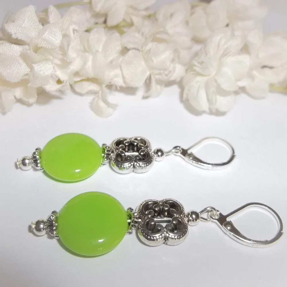 Green Earrings, Lime Green Earrings, Green Beaded Earrings, Dangle Earring, 7512 - Picture 4 of 6